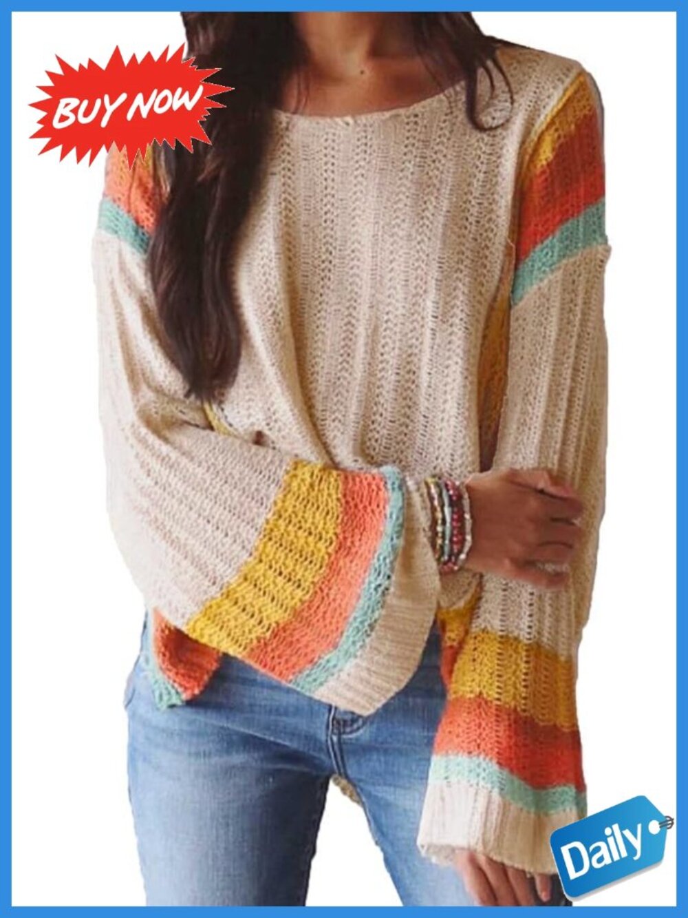 Women's Crewneck 3/4 Sleeve Knit Pullover Sweater Loose Fit Textured